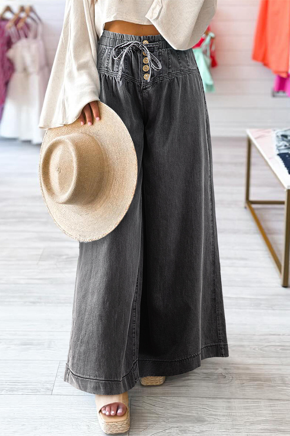 Shop Carbon Grey Mineral Wash Button Fly Waist Wide Leg Jeans at LivelyLooks