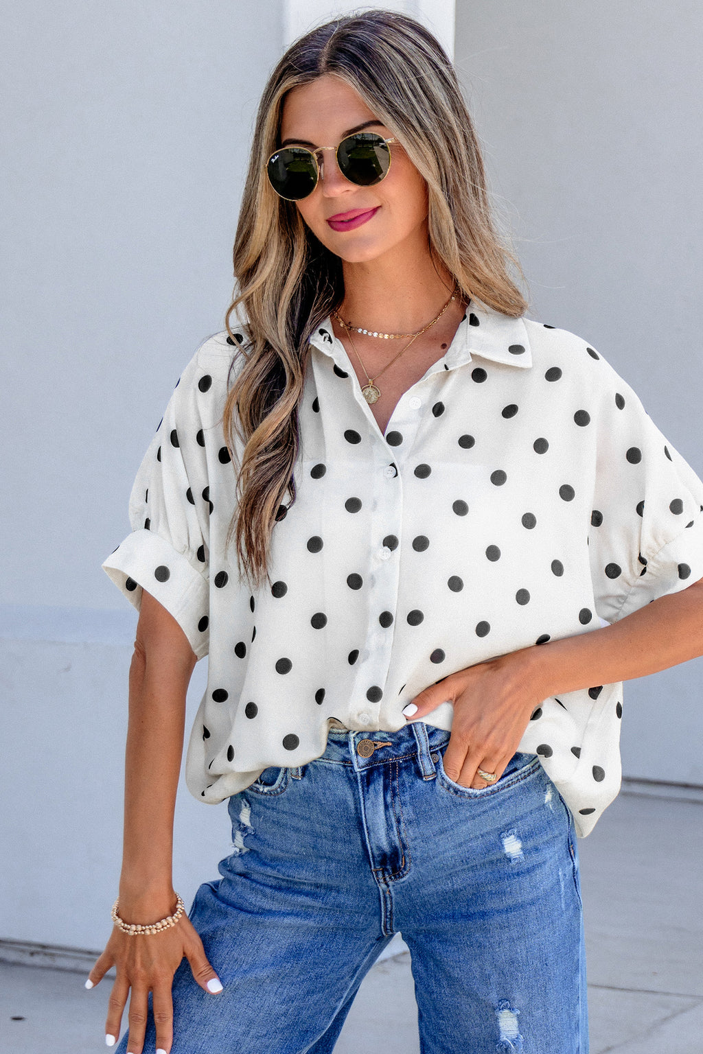 Beige Polka Dot Dolman Shirt Loose Fit Short Sleeve Rolled Cuff Women S-XL