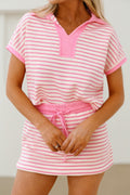 Striped Polo Tee & Drawstring Skort Set – Pink