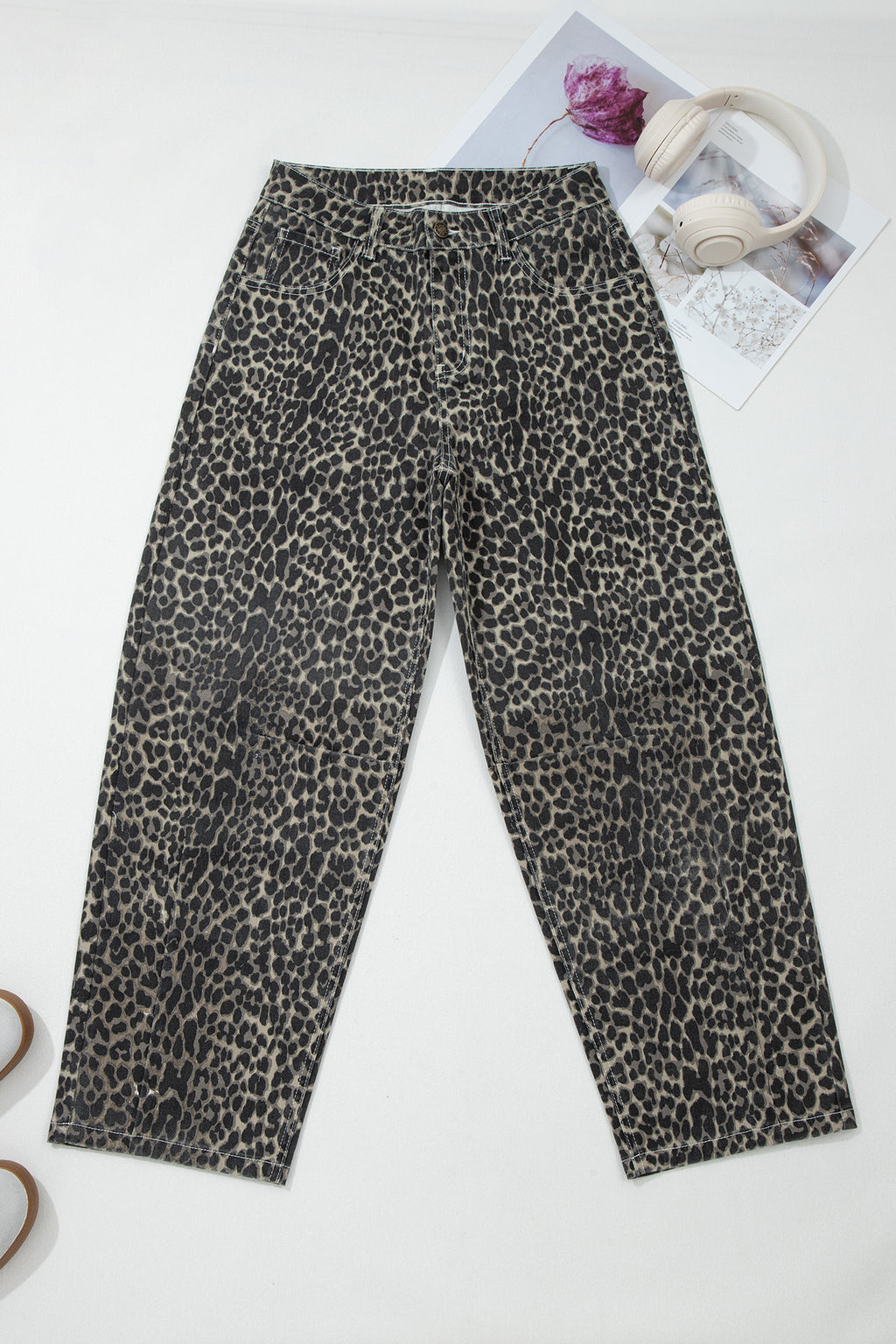 Shop Black Leopard Print High Waist Barrel Jeans UK 8-20 at LivelyLooks