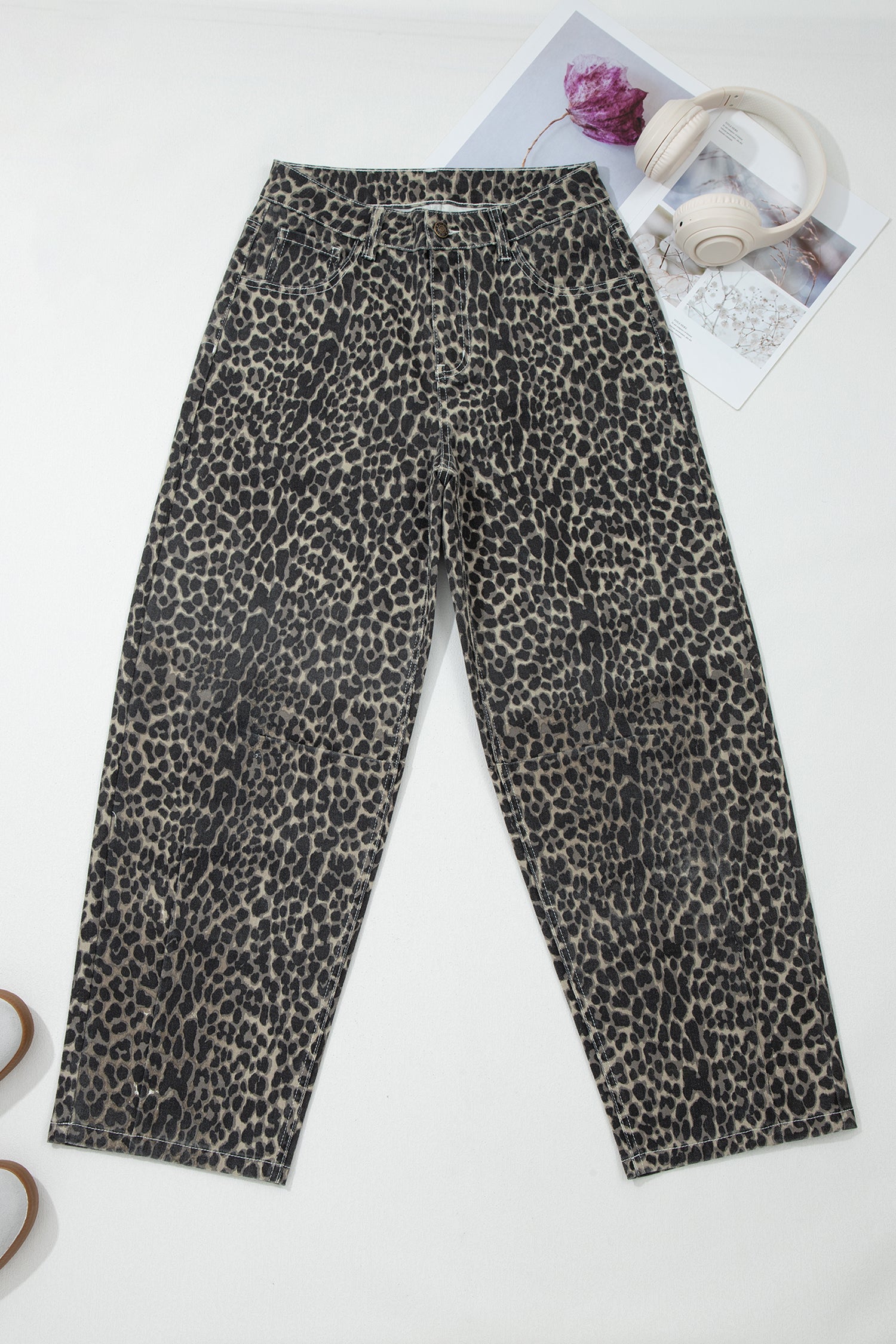 Shop Black Leopard Print High Waist Barrel Jeans UK 8-20 at LivelyLooks