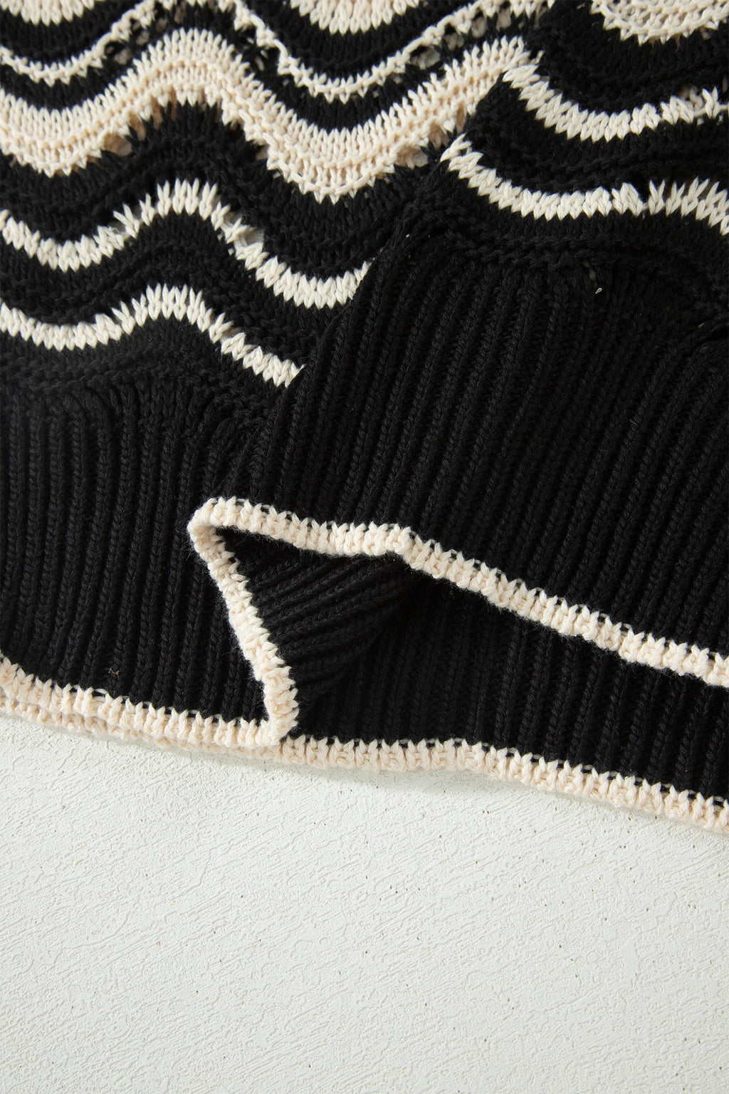 Shop Black Stripe Wavy Crochet Eyelet Detail Ruffle Half Sleeve Sweater at LivelyLooks