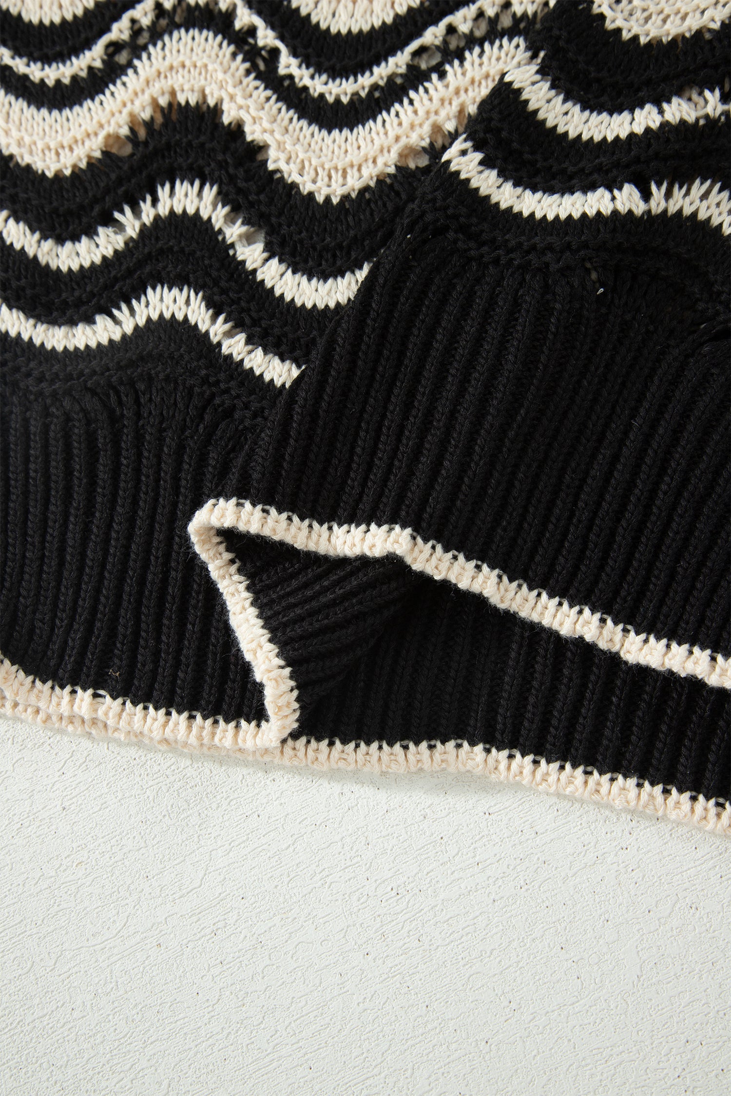 Shop Black Stripe Wavy Crochet Eyelet Detail Ruffle Half Sleeve Sweater at LivelyLooks