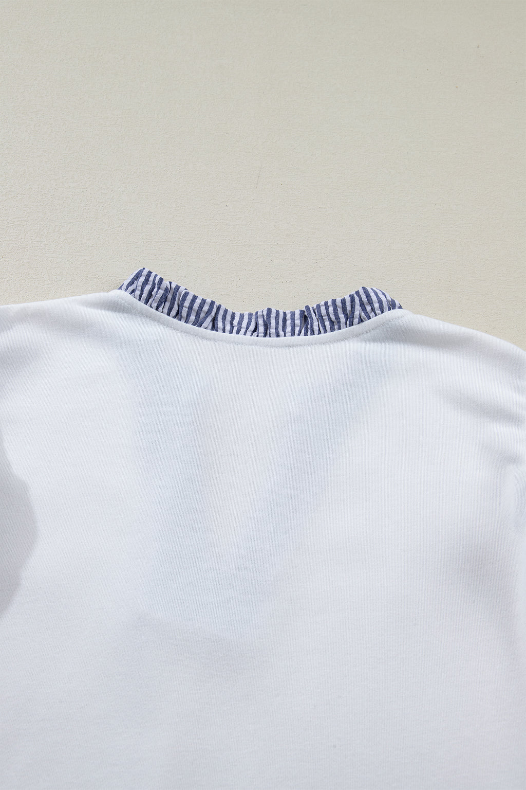 Shop White Stripe Patchwork Split Neck Ruffle Trim Sleeveless Mini Dress at LivelyLooks