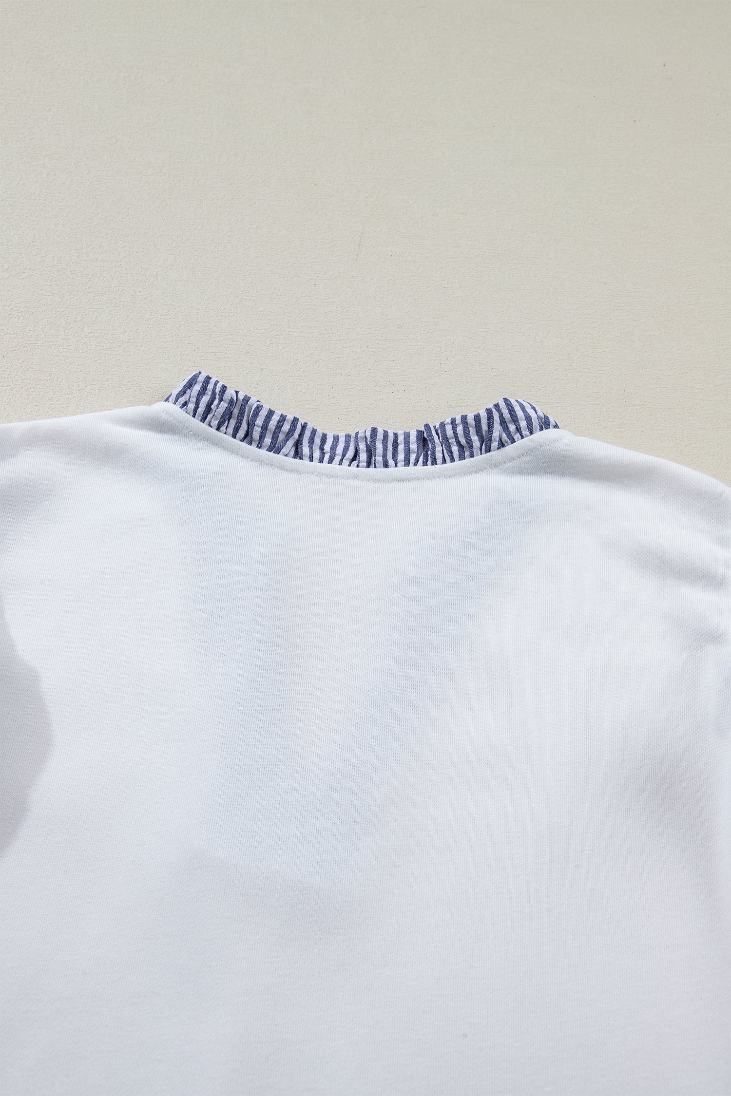 Shop White Stripe Patchwork Split Neck Ruffle Trim Sleeveless Mini Dress at LivelyLooks