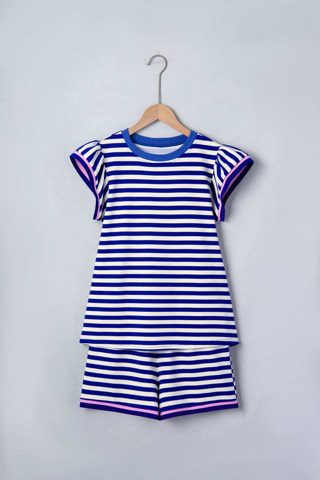 Striped Contrast Trim Cap Sleeve Top & Shorts Set – Blue
