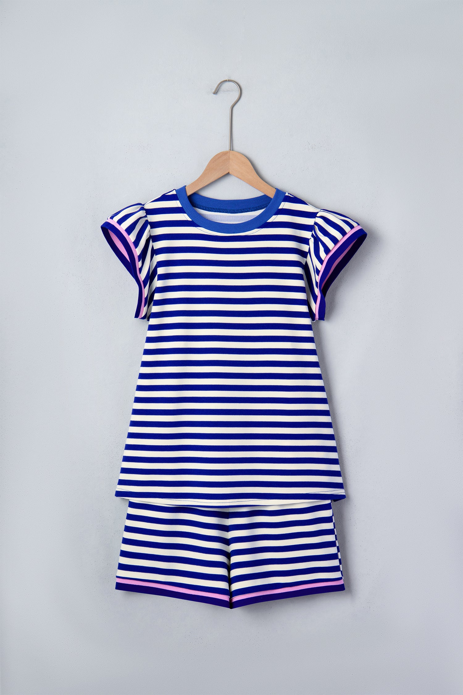 Striped Contrast Trim Cap Sleeve Top & Shorts Set – Blue