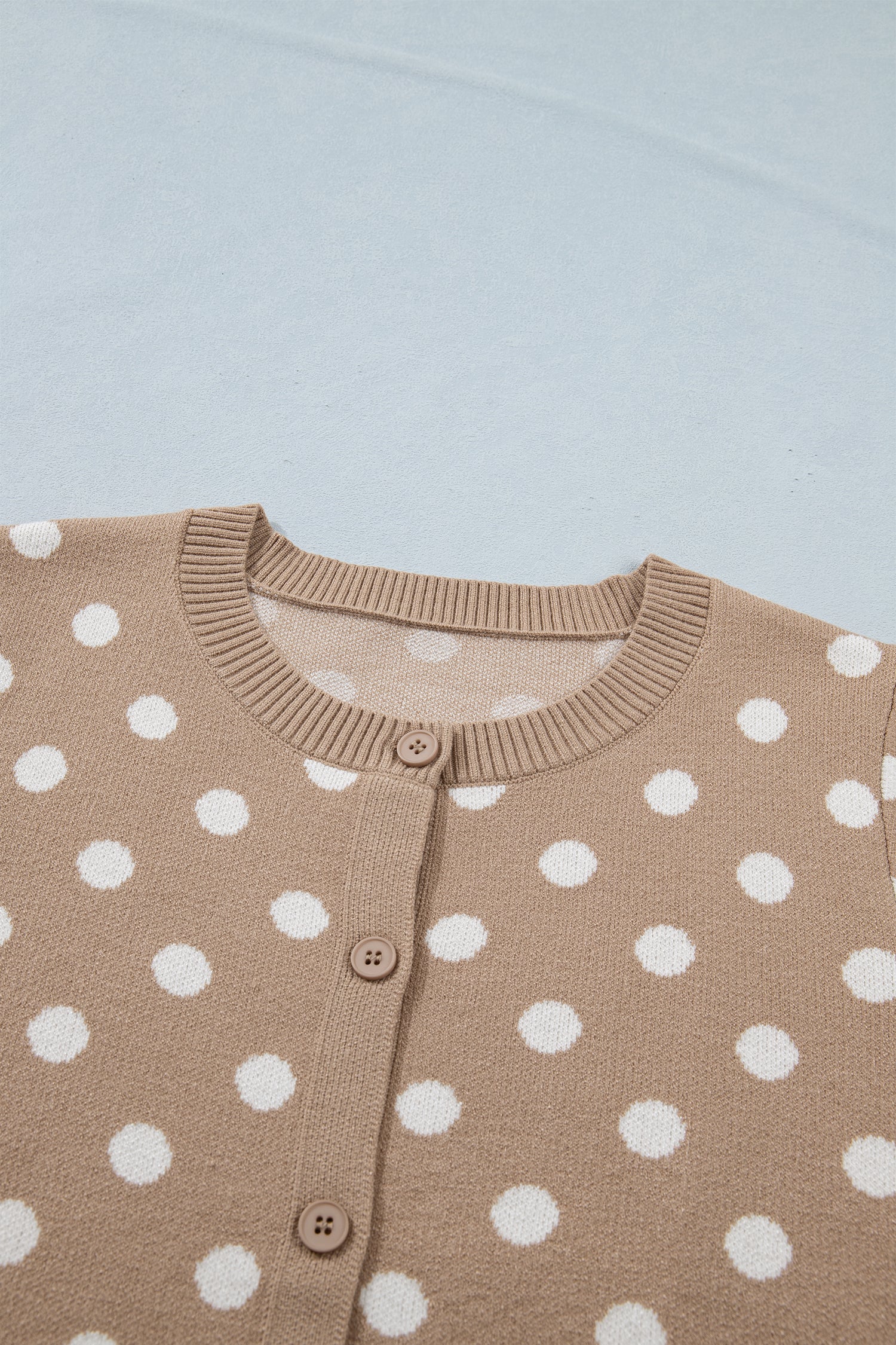 Women's Dark Khaki Polka Dot Short Sleeve Button Down Cardigan at LivelyLooks