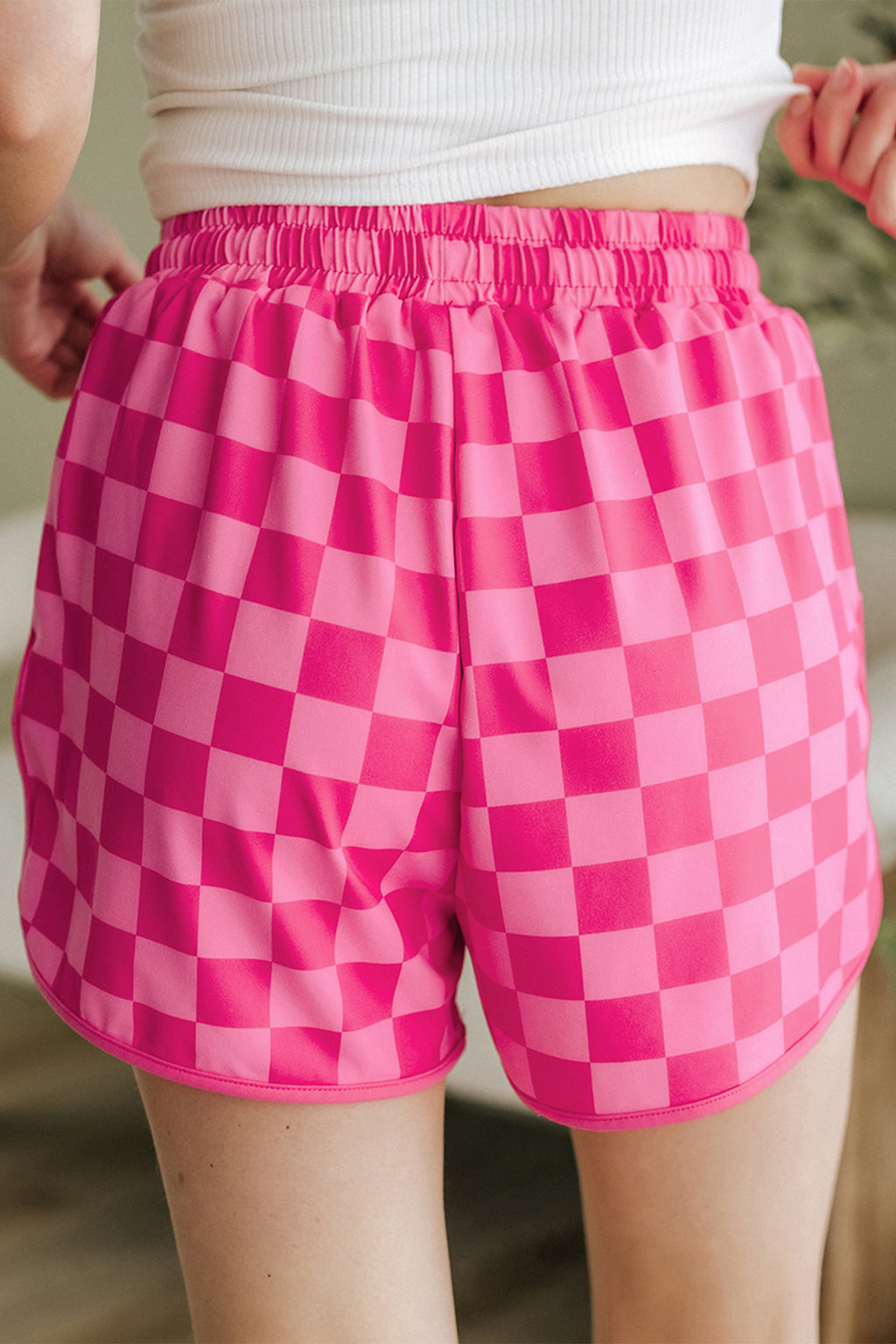 Rose Checkered Casual Shorts Drawstring Elastic Waist Women S-2XL