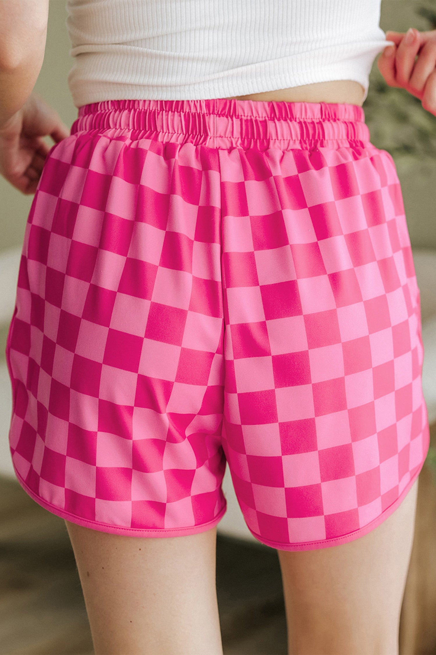 Rose Checkered Casual Shorts Drawstring Elastic Waist Women S-2XL