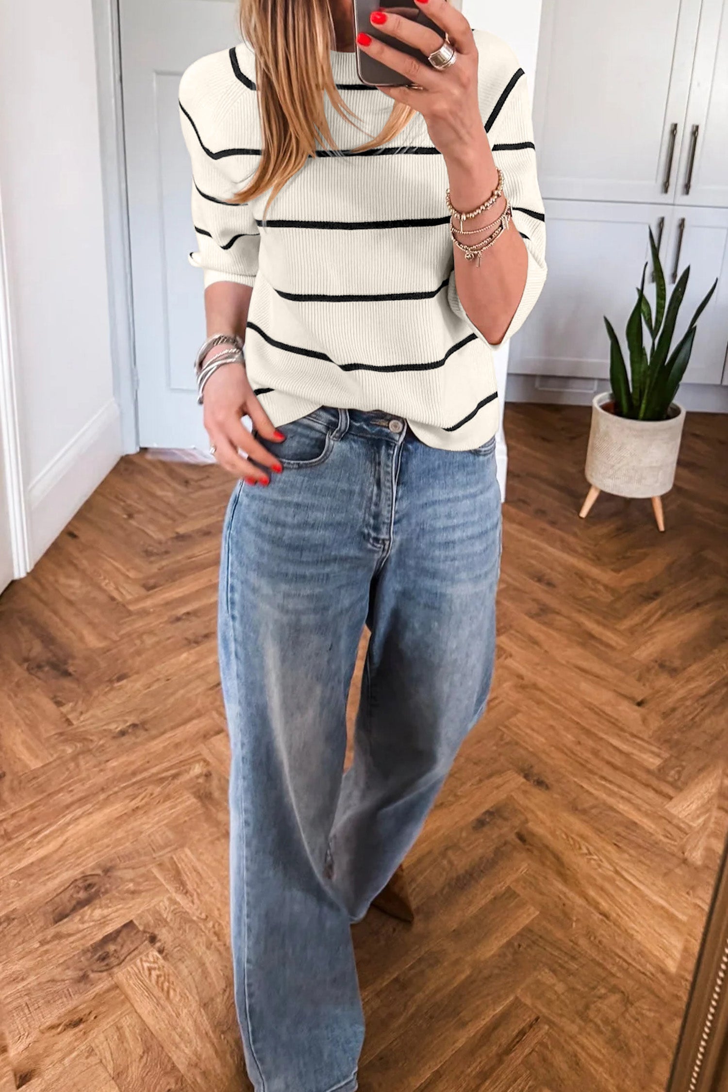 White Stripe Ribbed Knit Half Sleeve Loose Sweater Tee | Sizes S–XL