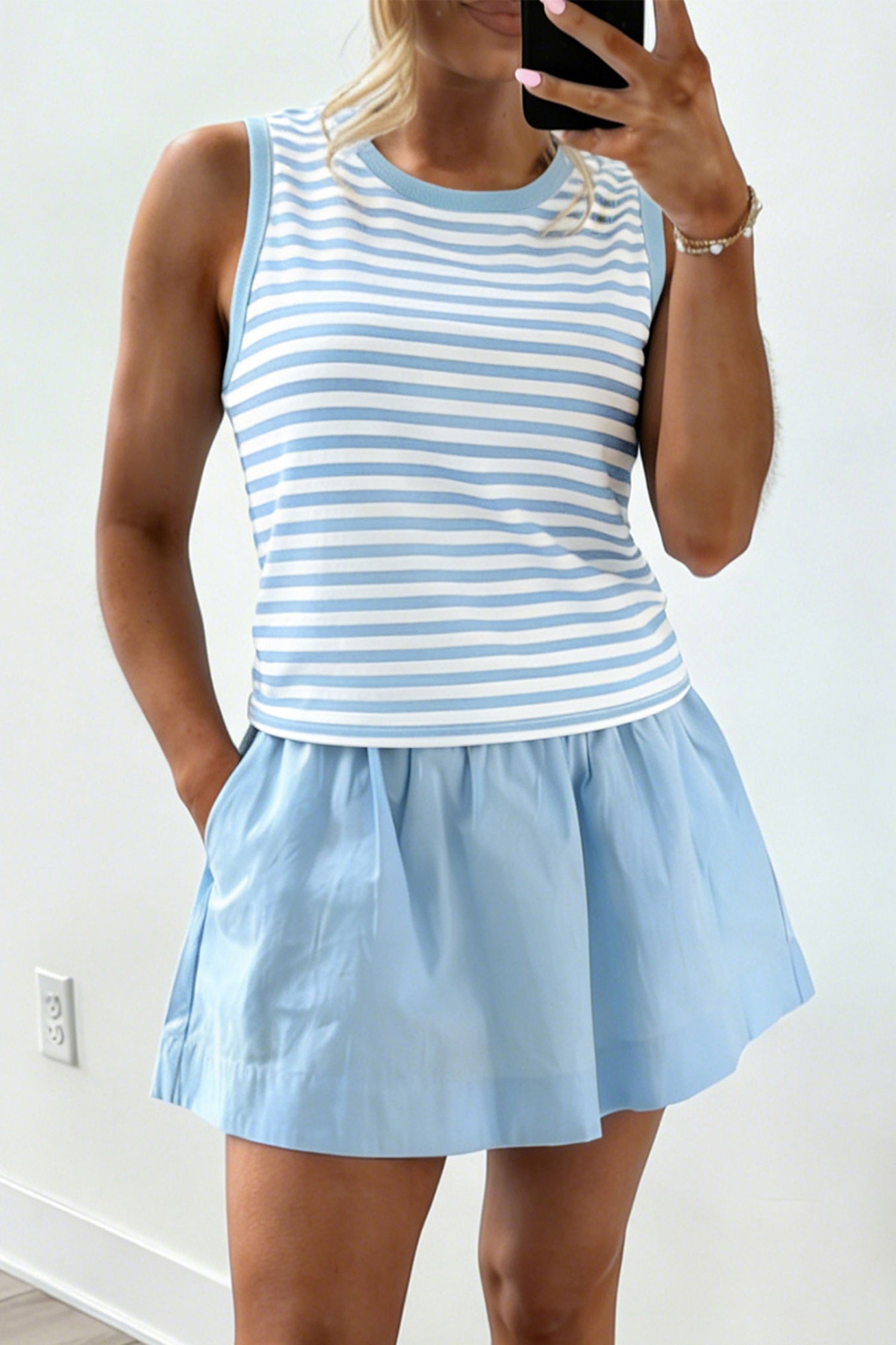 Sky Blue Stripe Slim Tank & Contrast Ruffle Mini Skort Set | UK 8–22