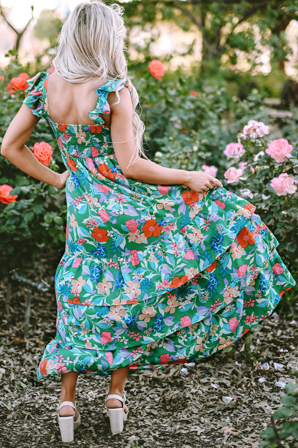 Women's Green Floral Print Sleeveless Ruffle Tiered Maxi Dress at LivelyLooks