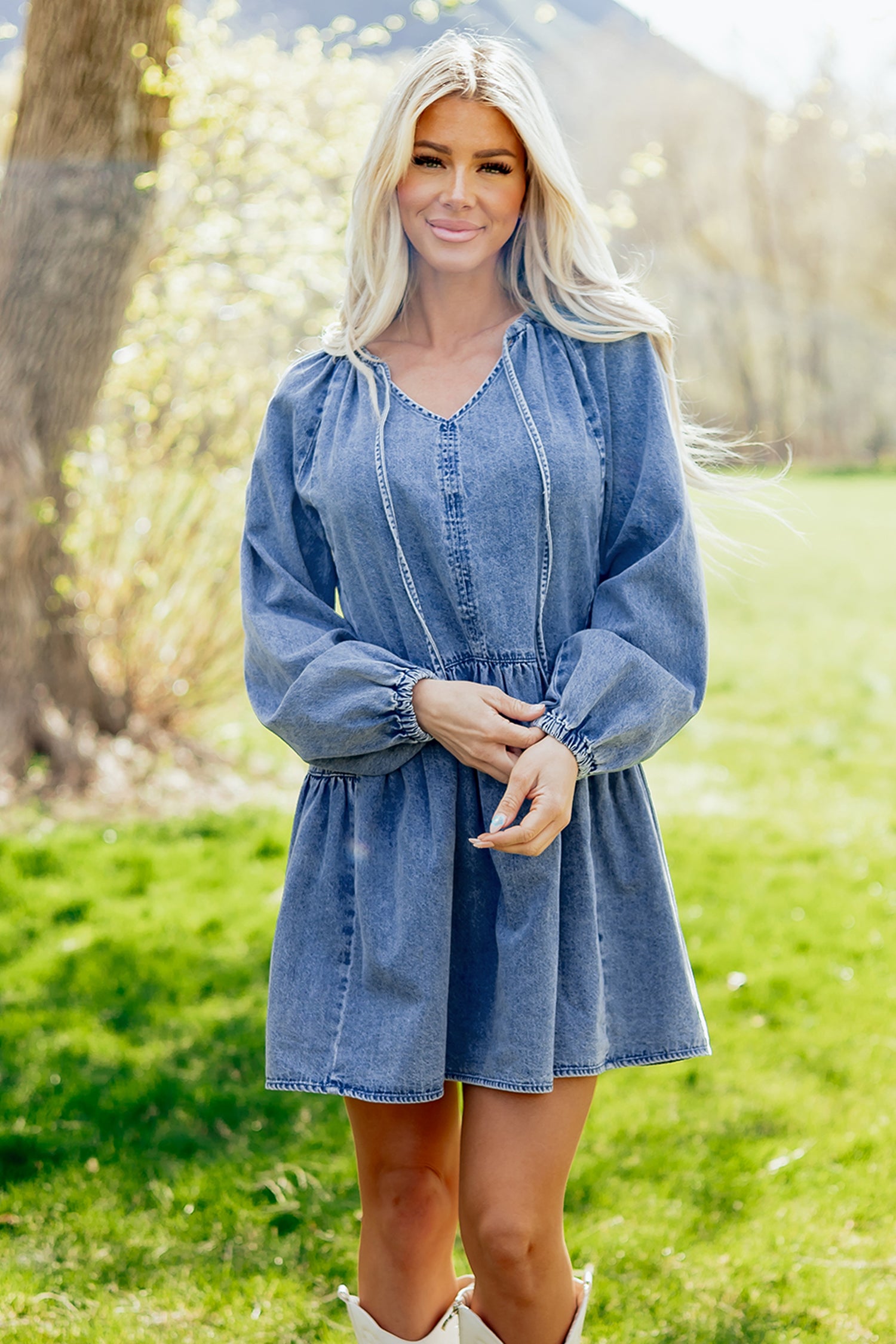 LivelyLooks Blue Denim Puff Sleeve V-Neck Ruffled Mini Dress women's fashion