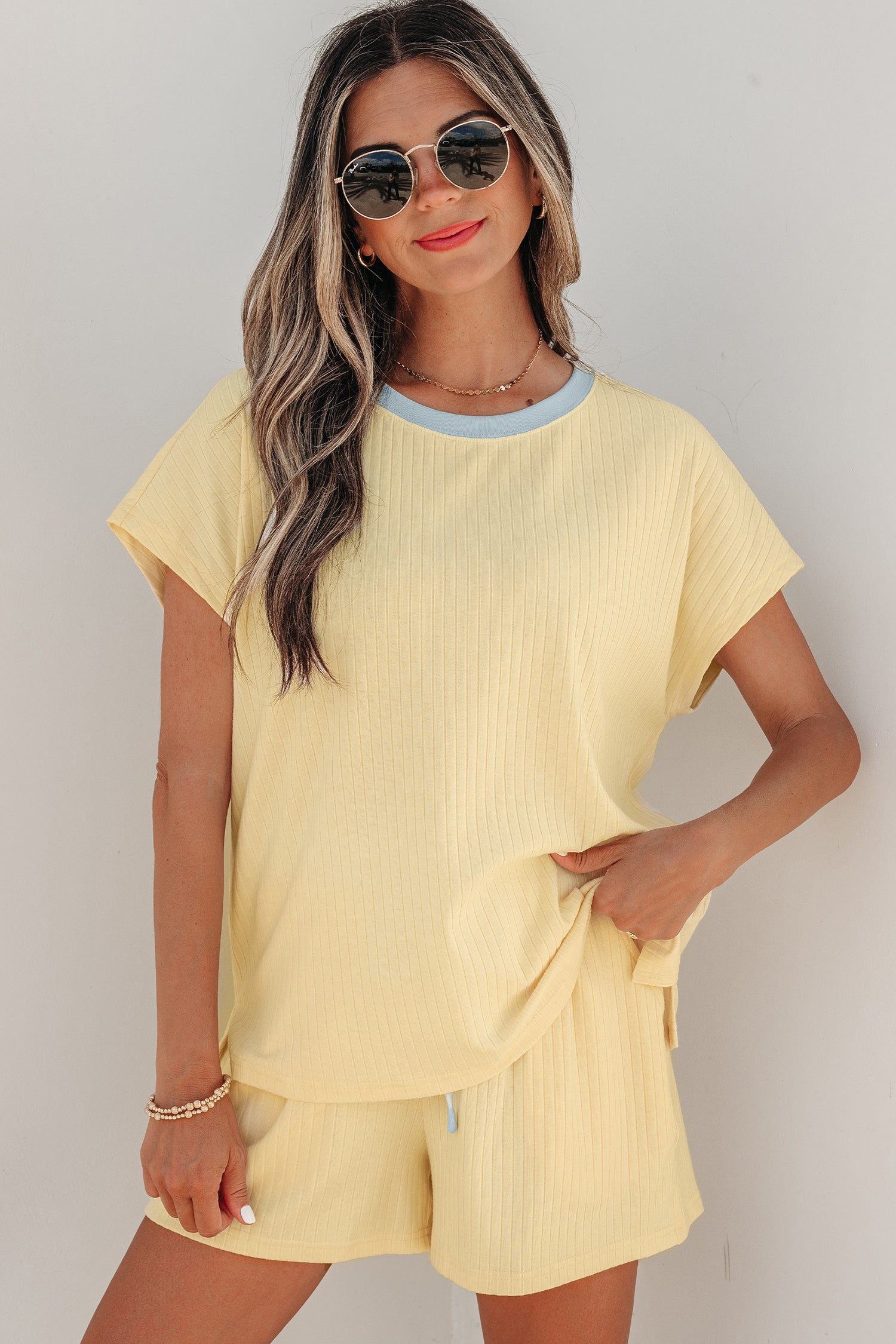 Mist Blue Ribbed Colour Block Tee & Shorts Co-ord Set