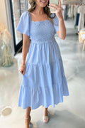 Women's Blue Flowy Short Sleeve Lace Detail Square Neck Tiered Midi Dress S-XL at LivelyLooks