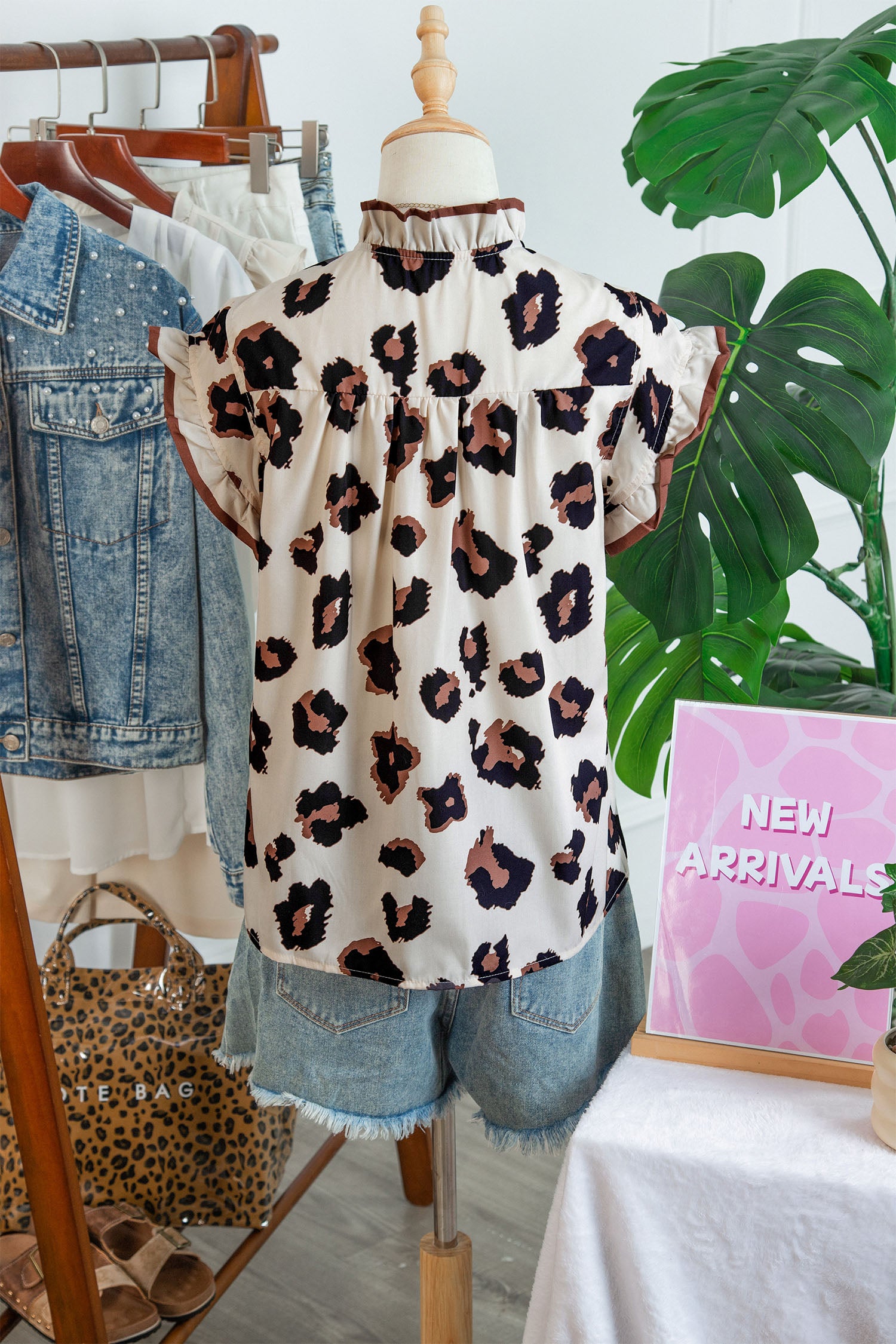 Khaki Leopard Printed Ruffle Sleeve Summer Blouse Animal Pattern Holiday Top