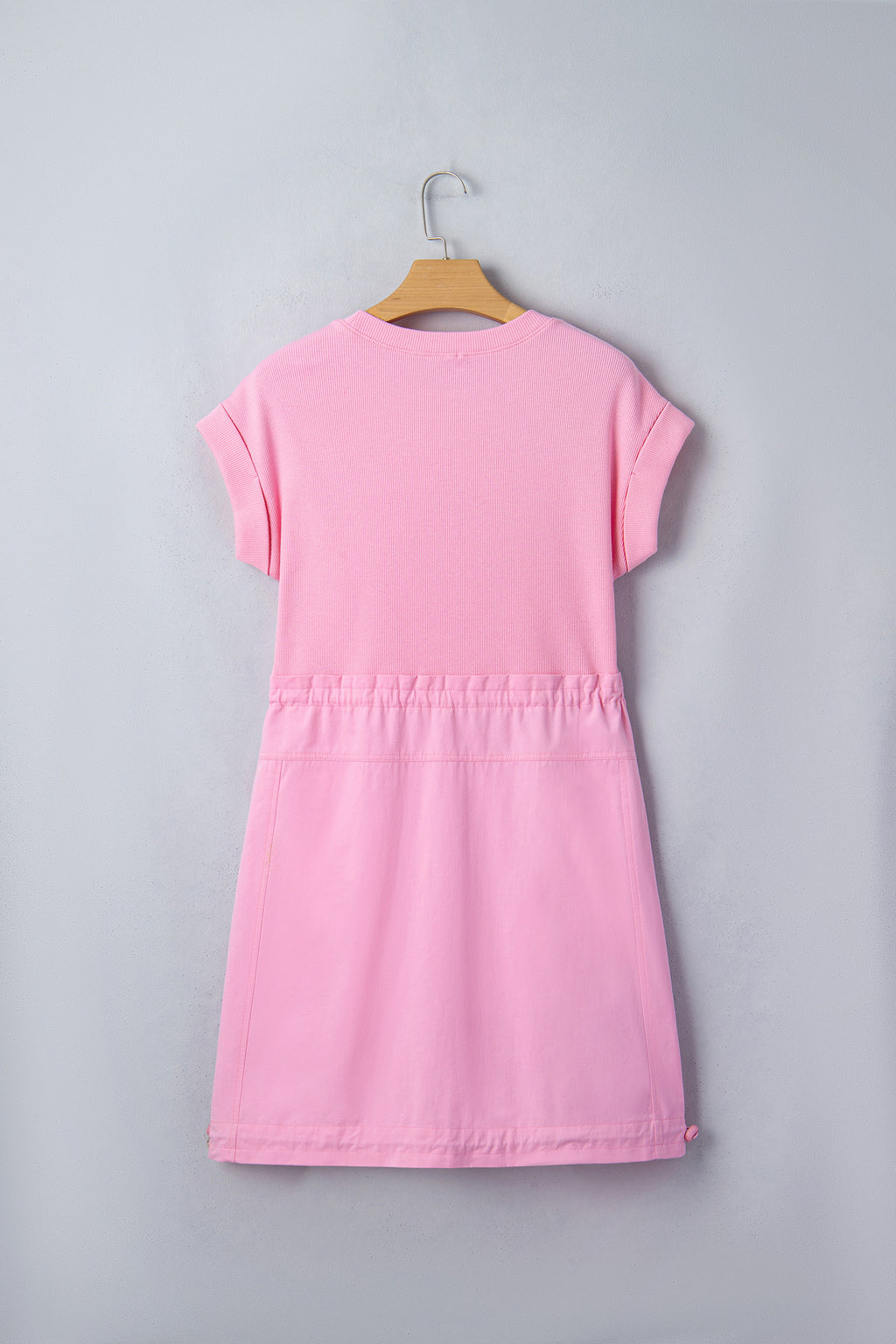 LivelyLooks Pink Cuffed Short Sleeve Patchwork Drawstring Mini Dress S-XL women's fashion