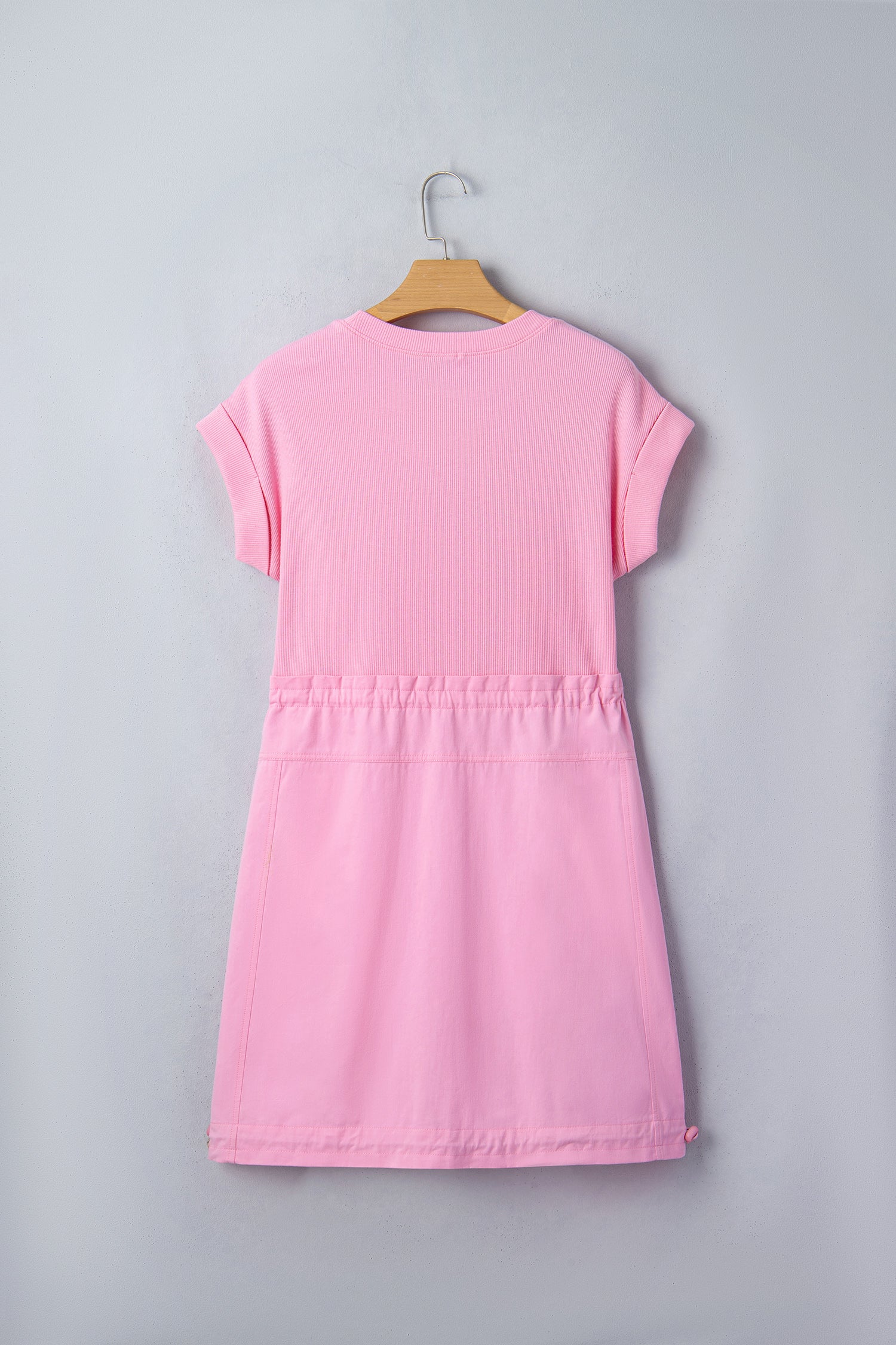 LivelyLooks Pink Cuffed Short Sleeve Patchwork Drawstring Mini Dress S-XL women's fashion
