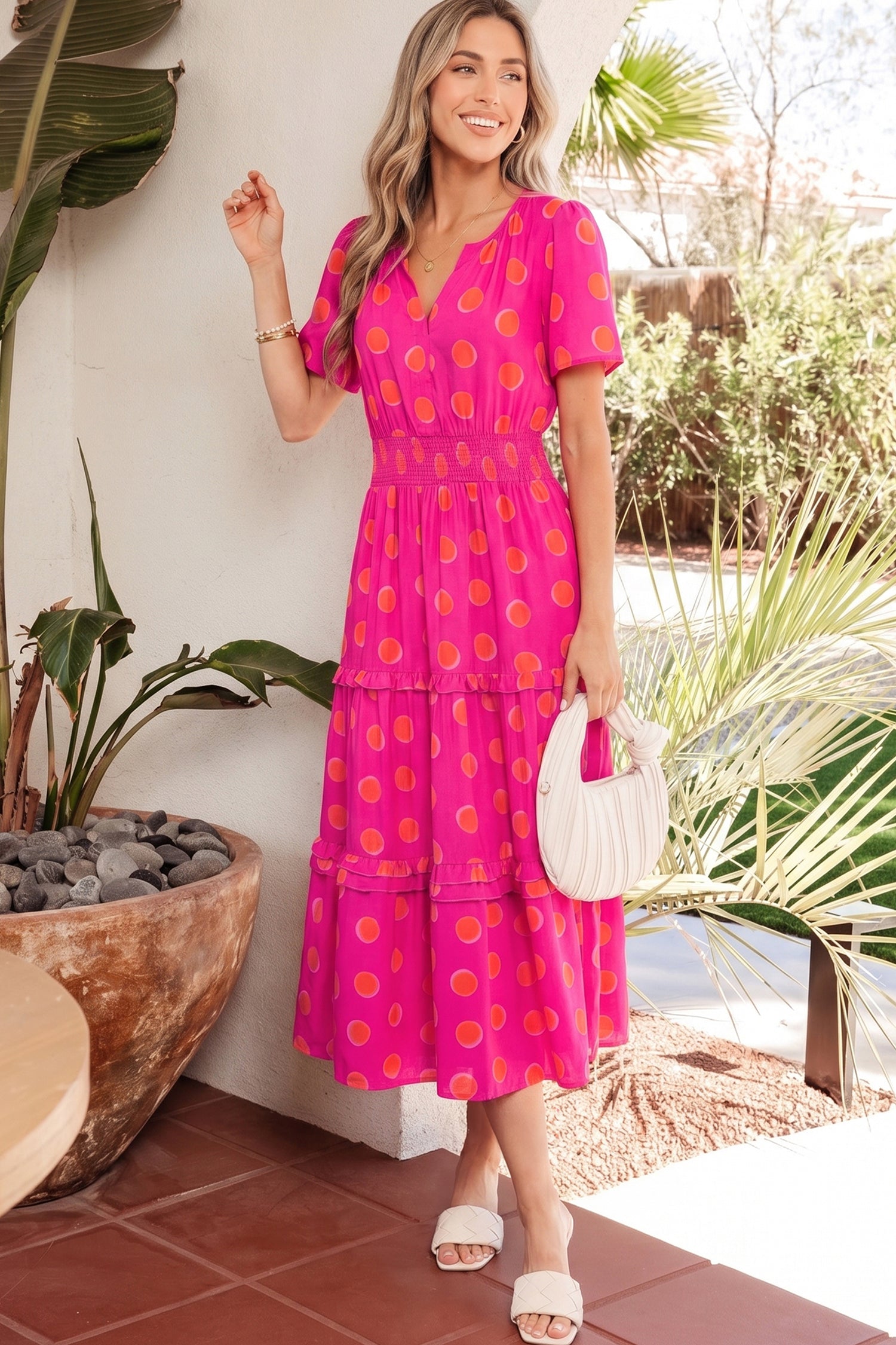 Rose Polka Dot Shirred High Waist Midi Dress | Short Sleeve Shadow Print