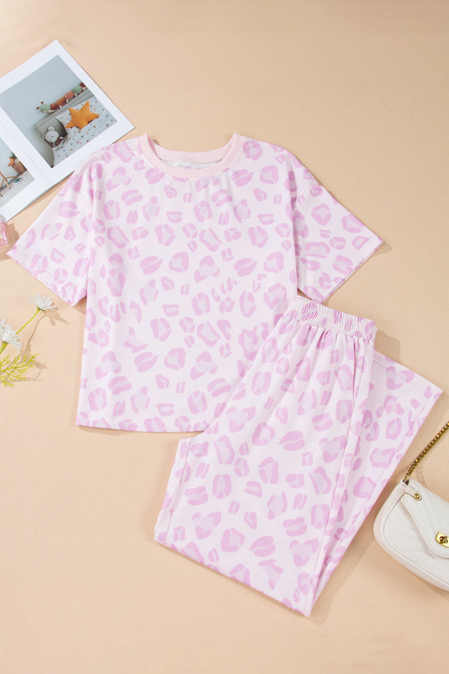 Pink Leopard Print Top & Wide Leg Pants Co-ord Set | UK 8–22