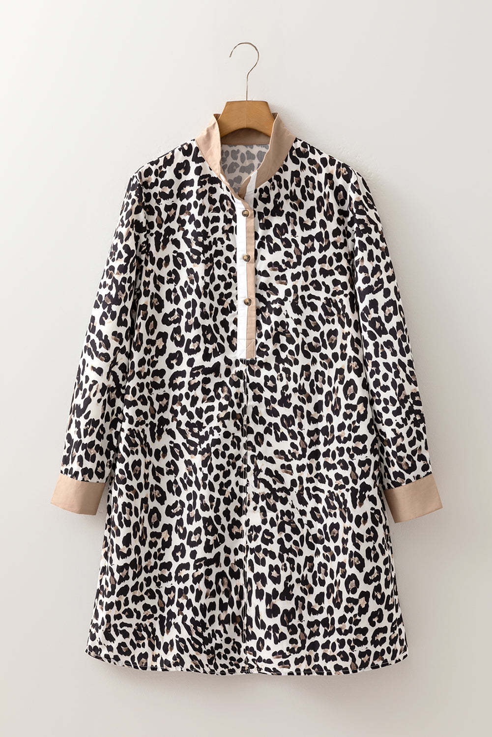 Women's Khaki Button Striped Collar Leopard Print Long Sleeve Flared Dress at LivelyLooks