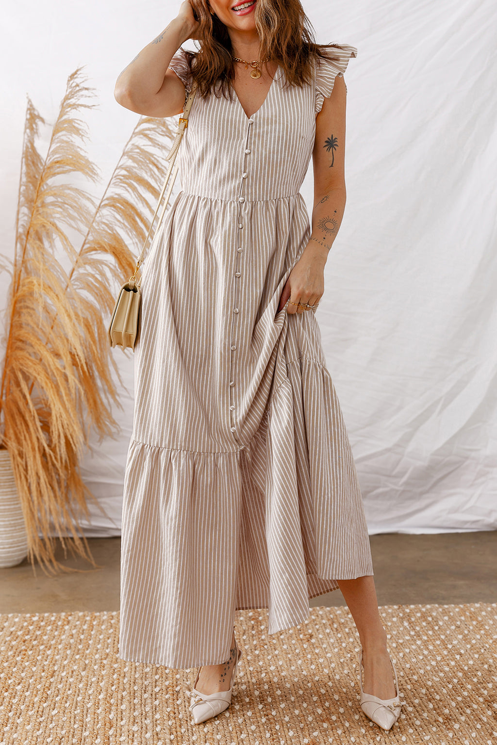 Shop Stripe Flutter Sleeve Button Front Slit Maxi Dress | S-XL at LivelyLooks