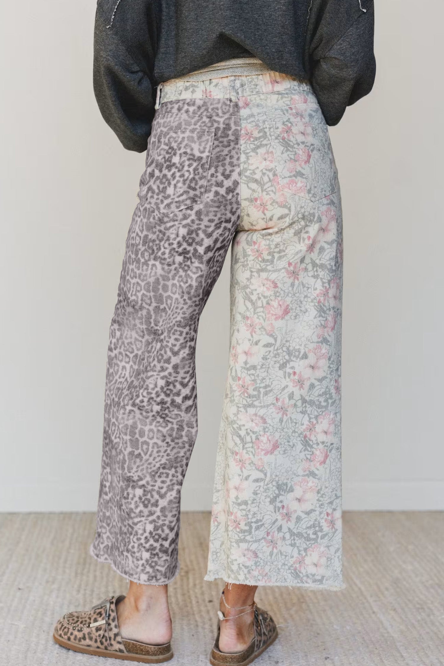 Women's Multicolour Retro Floral Leopard Contrast Patchwork Raw Hem Jeans at LivelyLooks