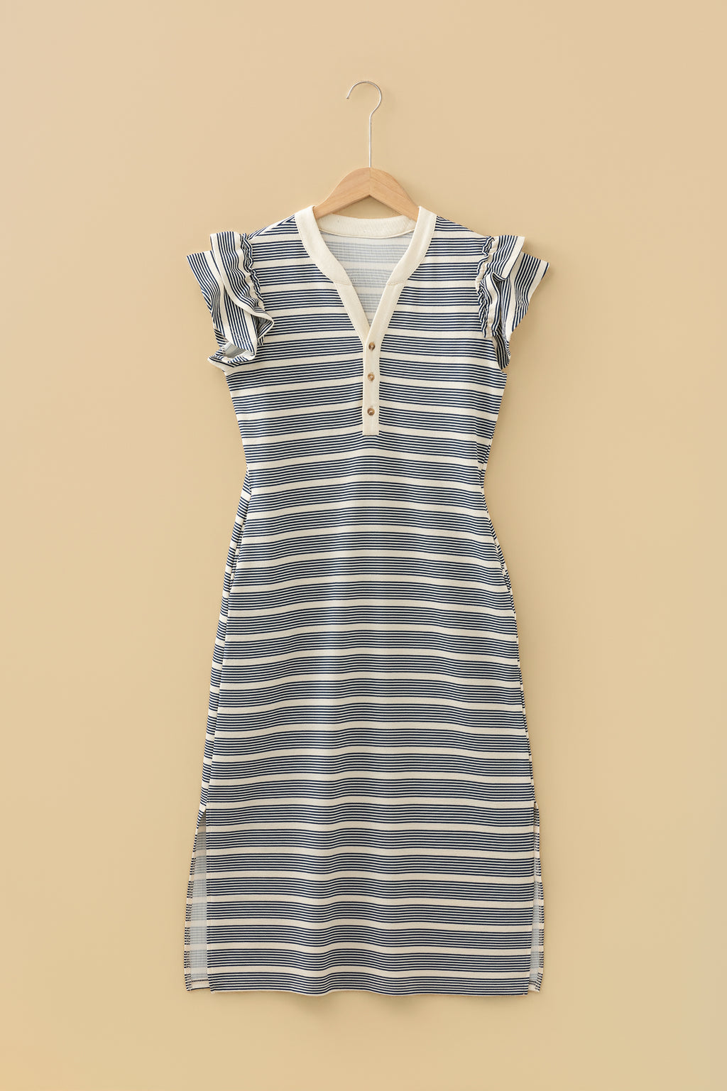 Blue Stripe Ruffled Sleeve Notch Neck Midi Dress | Contrast Trim