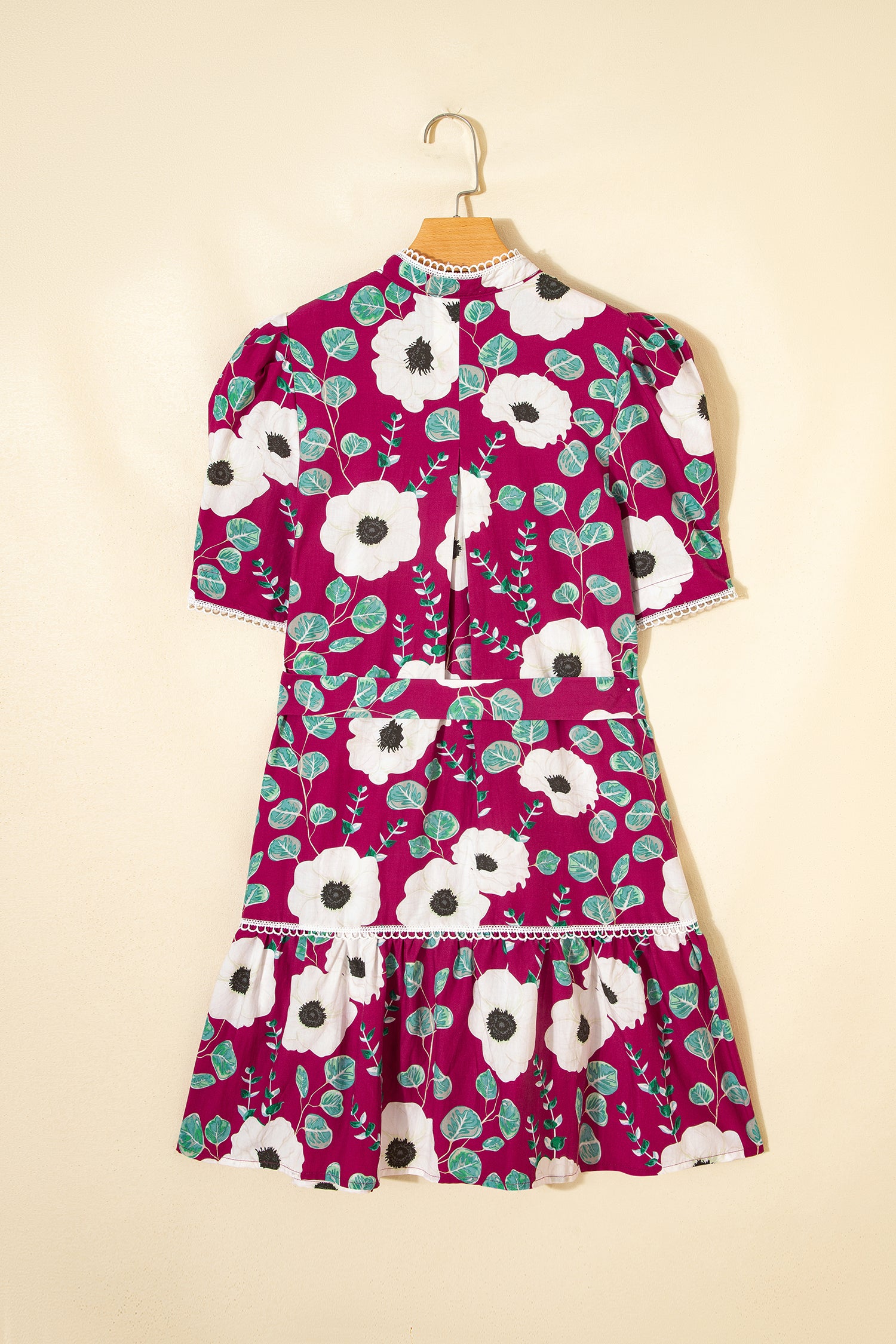 Red Floral Print Trimmed Short Puff Sleeve Belted Mini Dress | UK 8–22