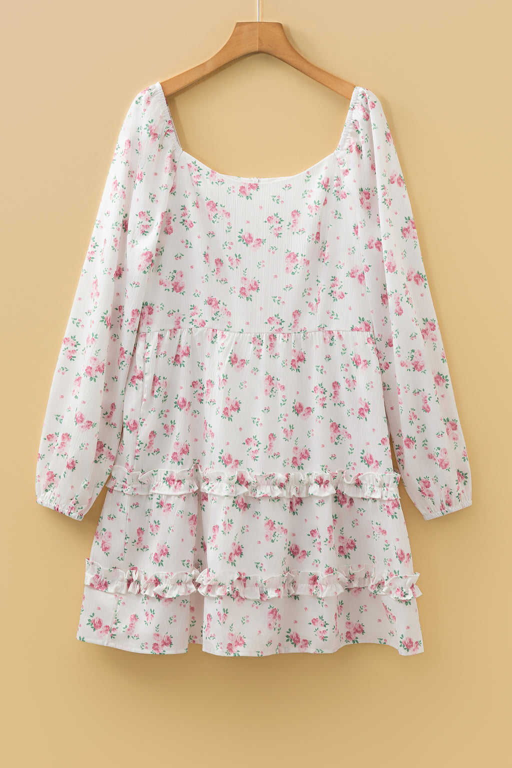 Pink Floral Long Sleeve Ruffle Detail Flared Mini Dress S-XL