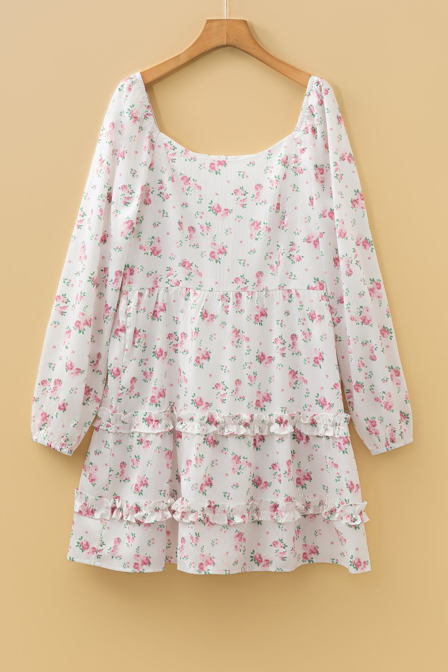 Pink Floral Long Sleeve Ruffle Detail Flared Mini Dress S-XL