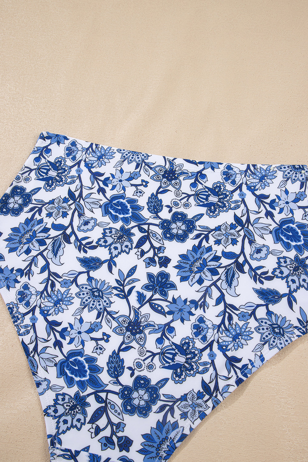 Blue Floral Print Hardware Accent Notched Neck High Waist Bikini Set