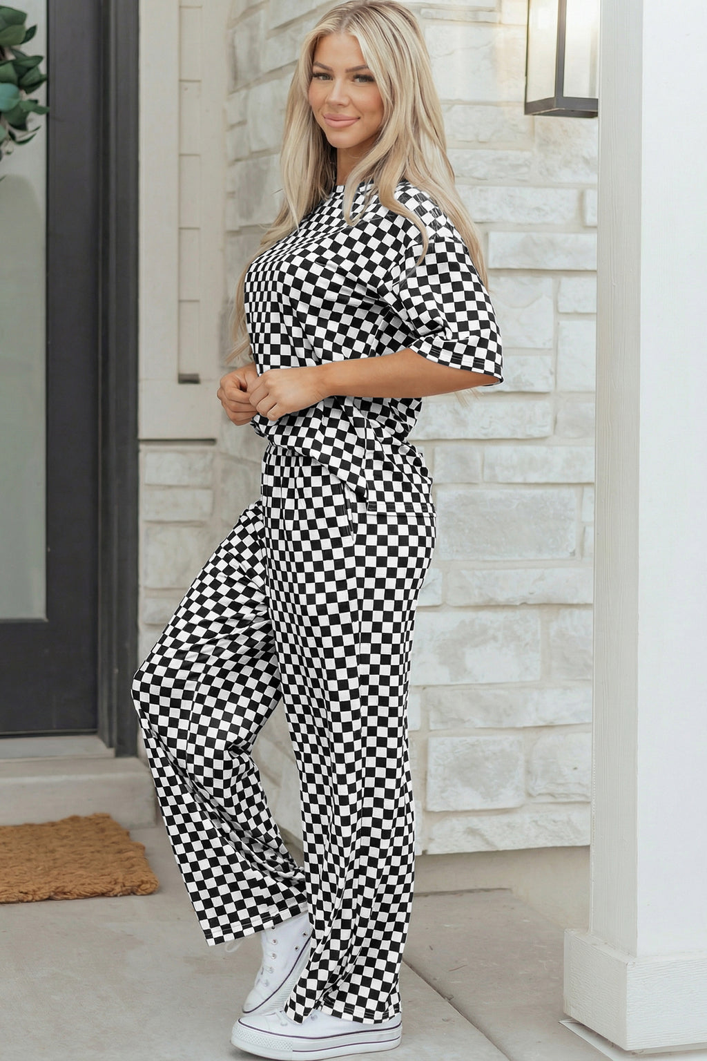 Black Checkered Lounge Set Half Sleeve Tee & Pant 2pcs Women S-XL