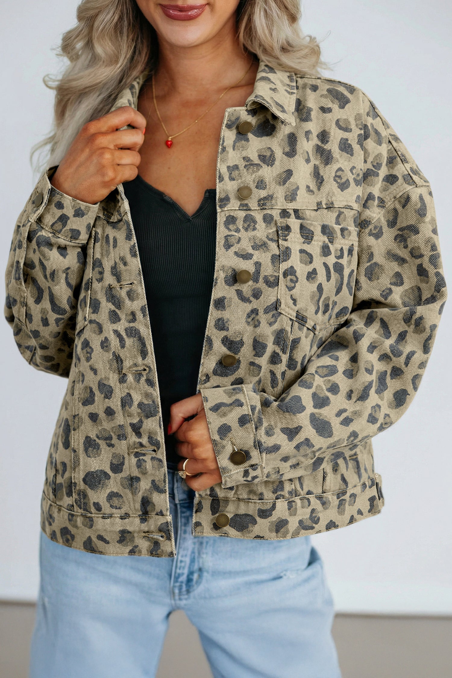Khaki Retro Leopard Print Seam Detail Button Down Denim Jacket | UK 8–22