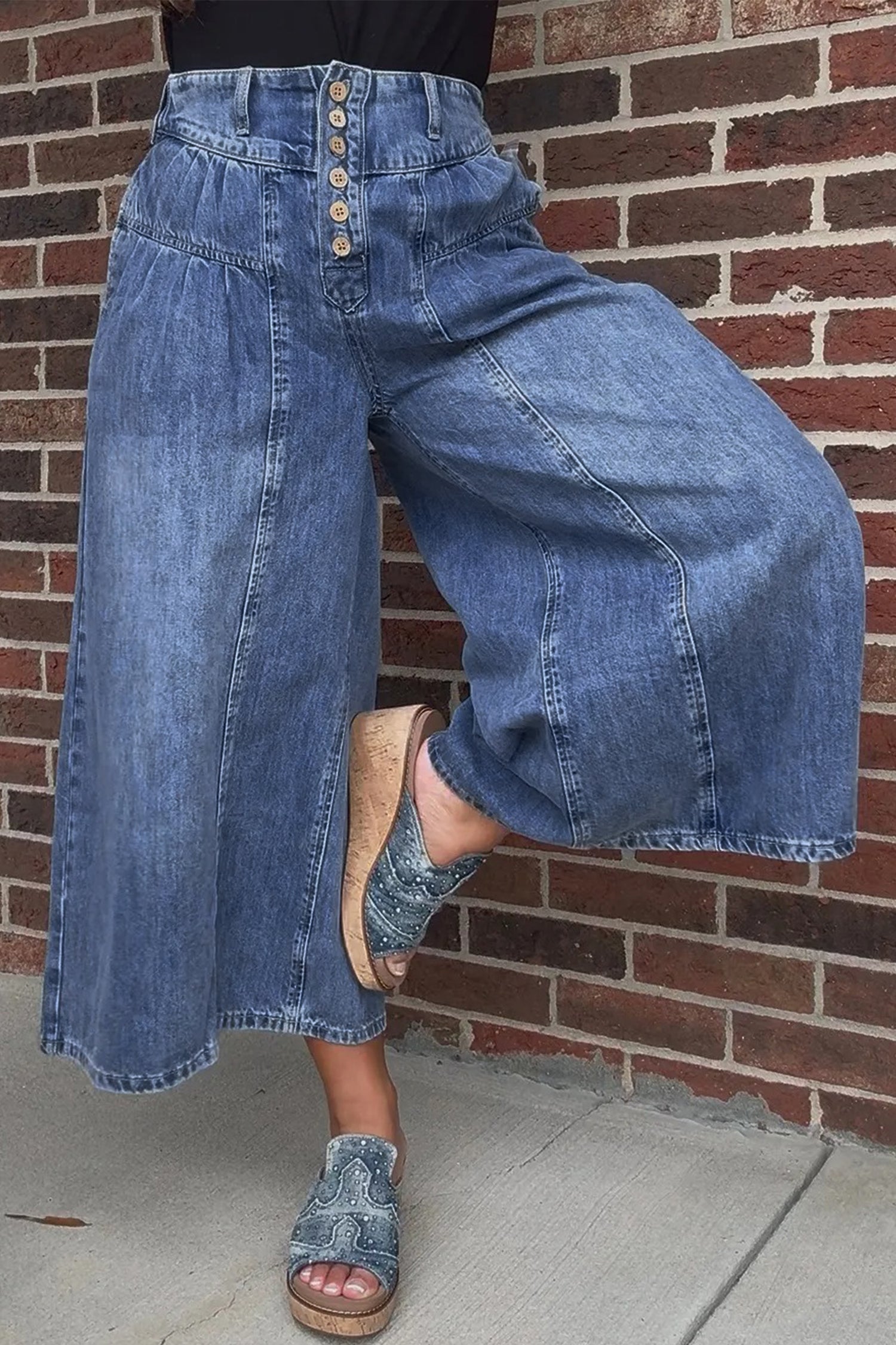 Dusk Blue High Rise Buttons Pleated Cropped Wide Leg Denim Pants | UK 8–18