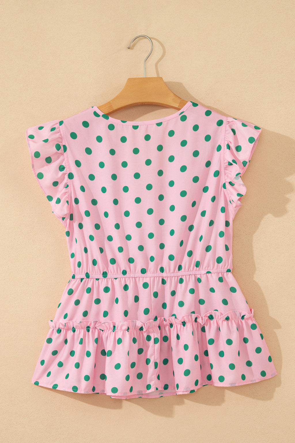 Shop Pink Polka Dot V-Neck Drawstring Tiered Babydoll Blouse at LivelyLooks