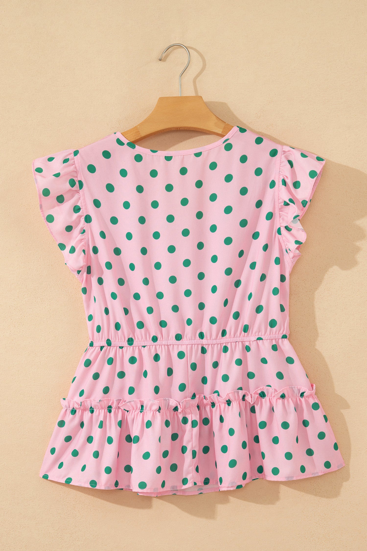 Shop Pink Polka Dot V-Neck Drawstring Tiered Babydoll Blouse at LivelyLooks