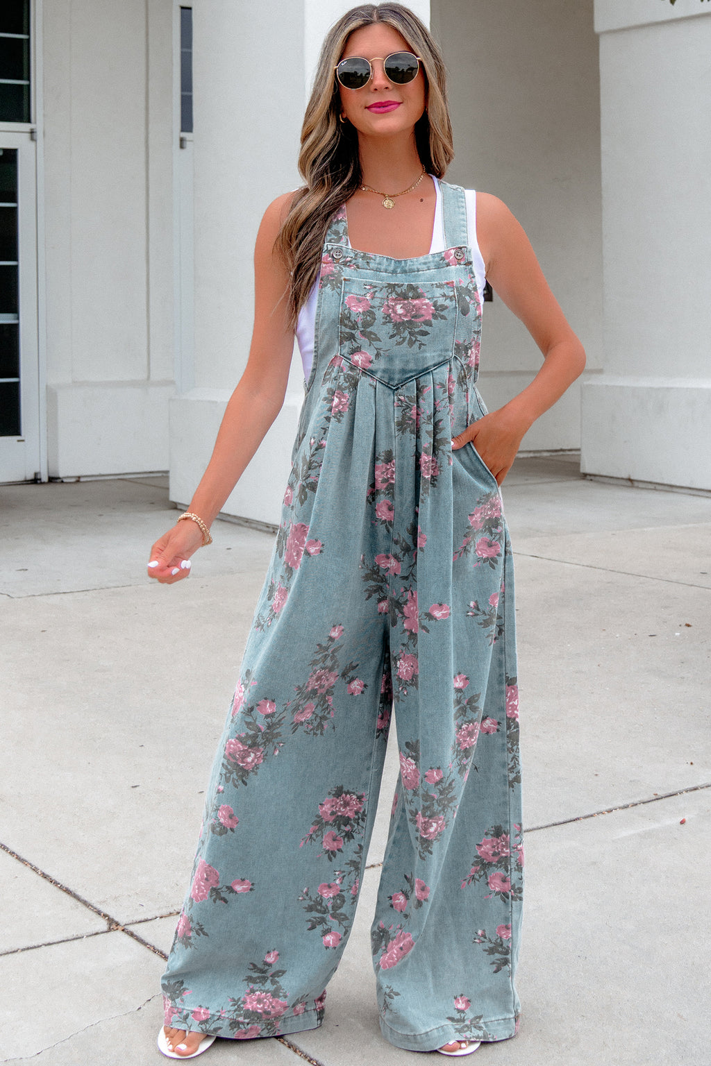 Floral Print Pleated High Waist Wide Leg Denim Jumpsuit | S-XL
