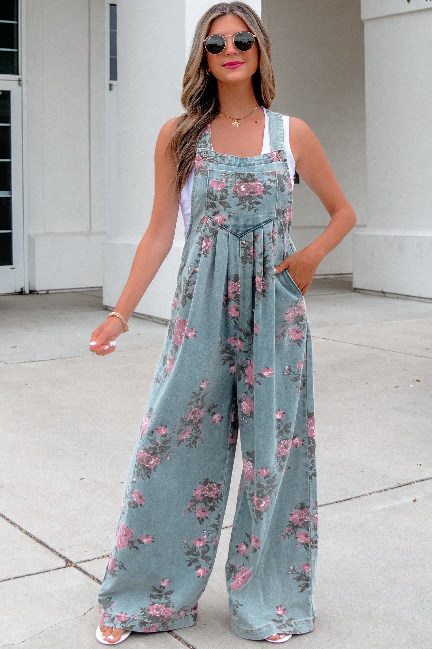 Floral Print Pleated High Waist Wide Leg Denim Jumpsuit | S-XL