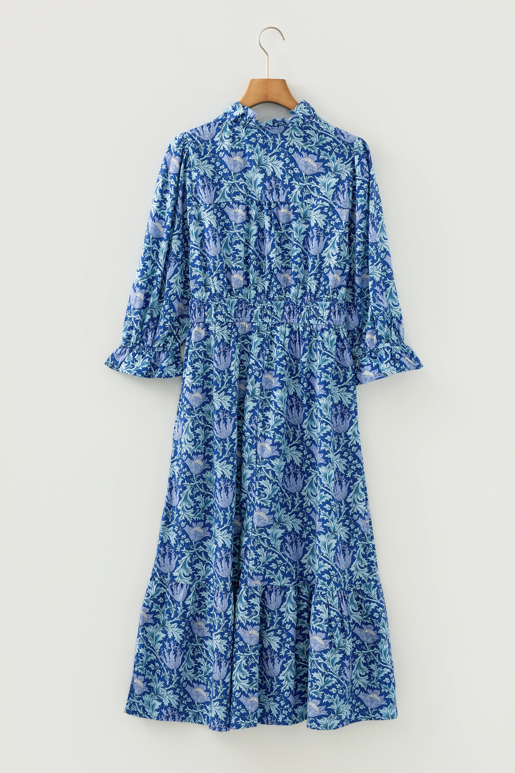 Floral Frilled V Neck Long Dress Bracelet Sleeve Brown Sky Blue Women S-XL