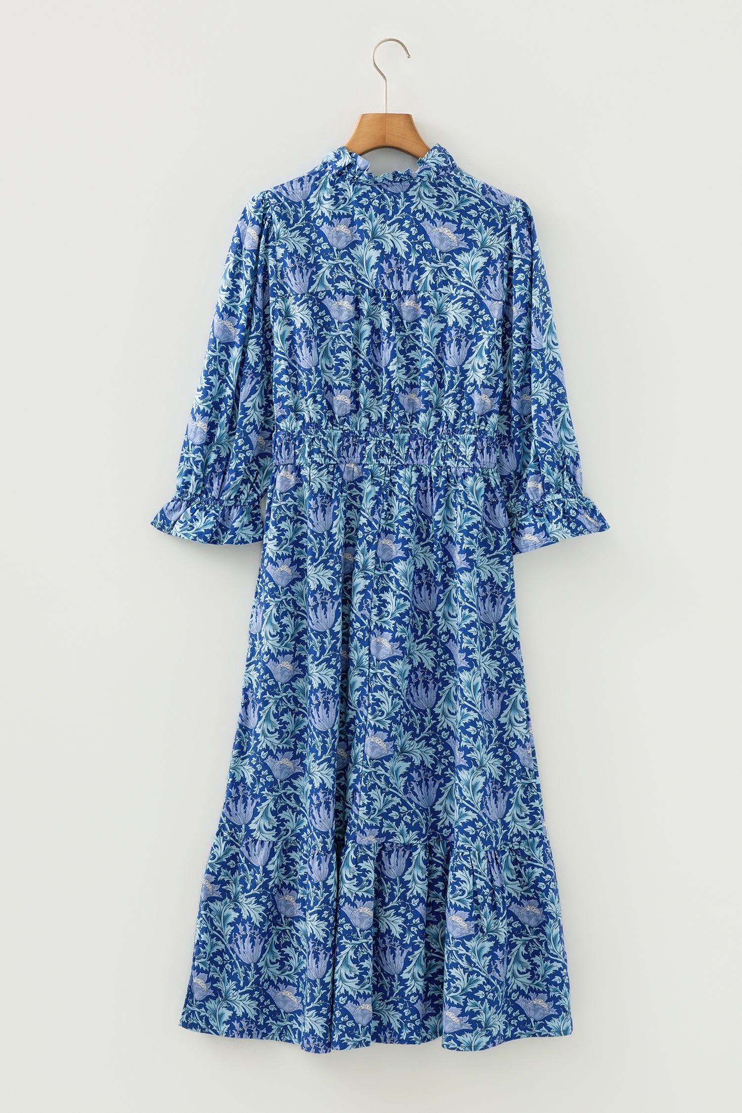 Floral Frilled V Neck Long Dress Bracelet Sleeve Brown Sky Blue Women S-XL