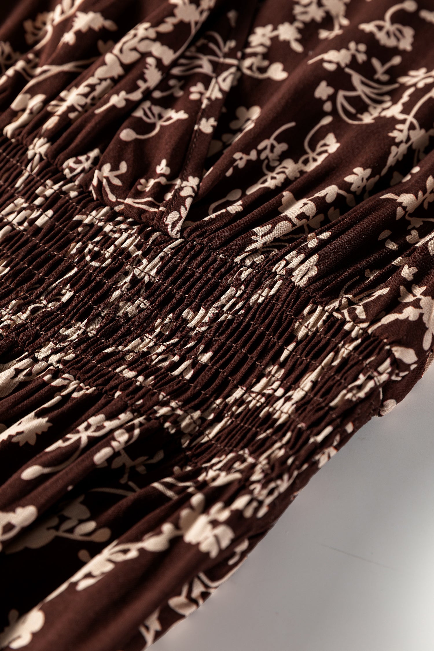 Brown Ditsy Floral Mini Dress Split Neck Long Sleeve Shirred Waist Flared Women S-XL