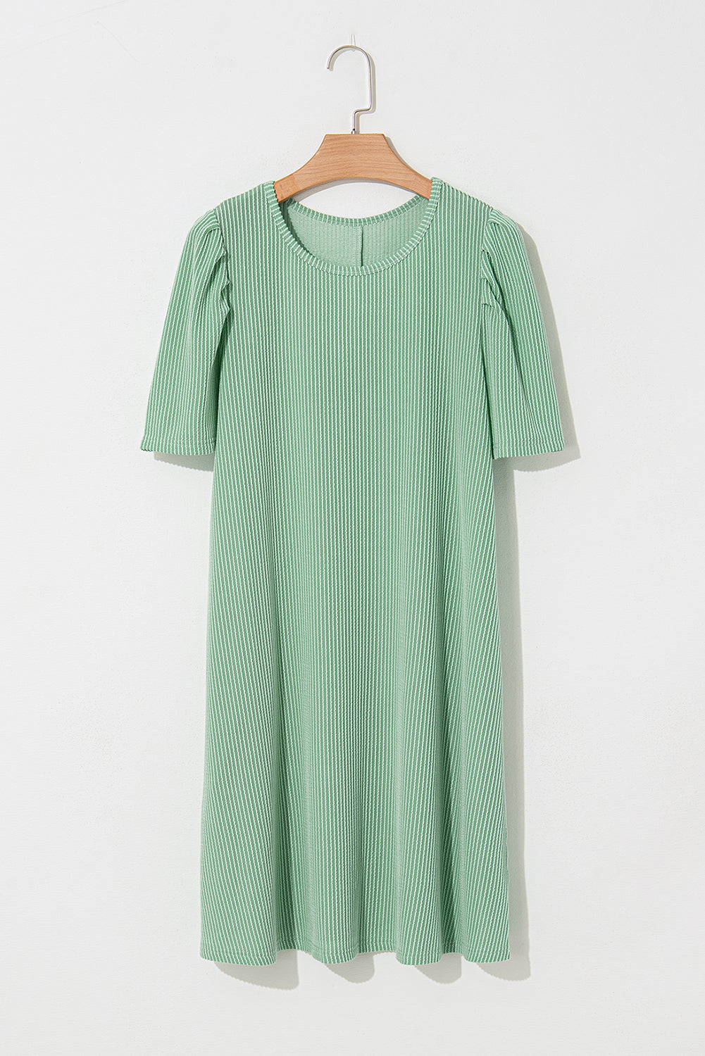 Corded Knit Crew Neck Puff Sleeve Shift Mini Dress S-XL