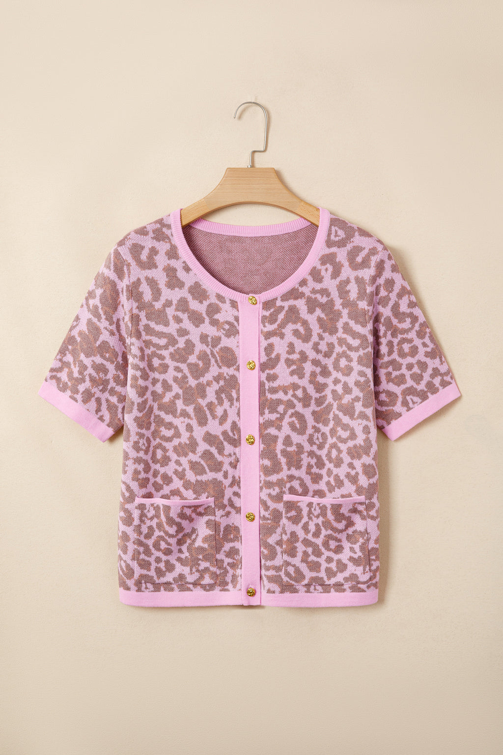 Pink Leopard Print Sweater Cardigan Button Down Short Sleeve Women S-XL