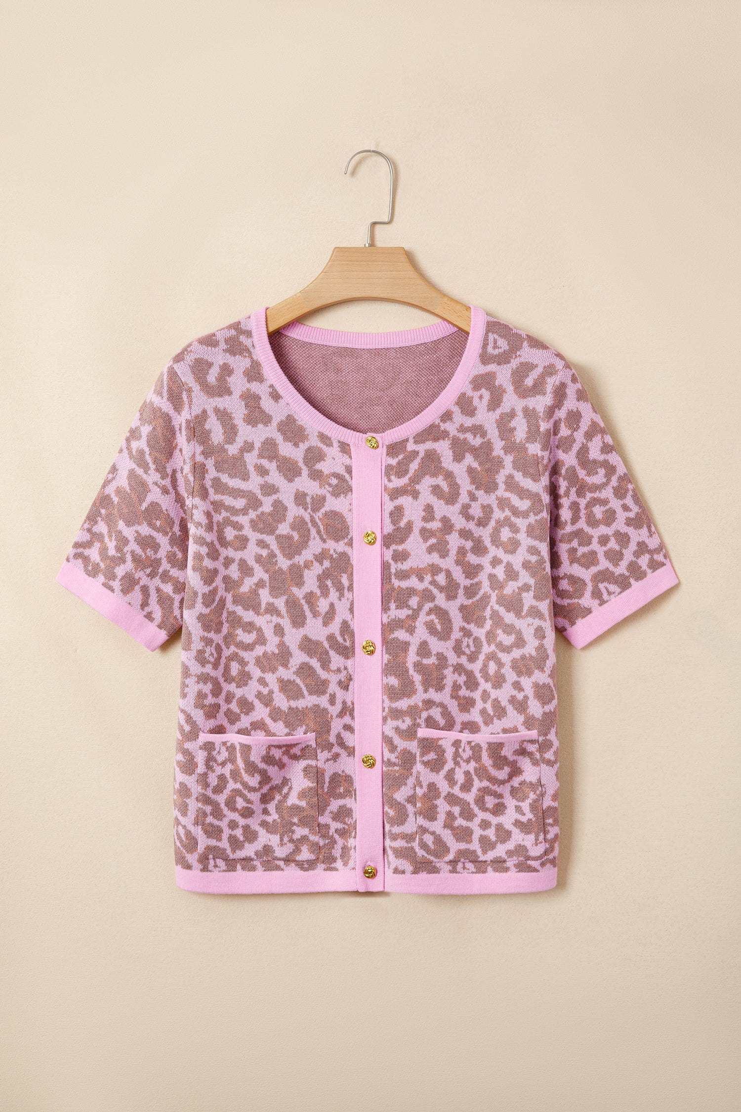 Pink Leopard Print Sweater Cardigan Button Down Short Sleeve Women S-XL