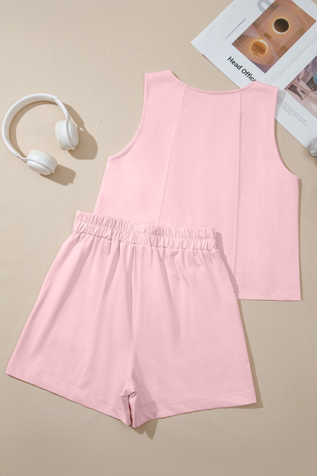 Women's Stitched Detail Tank Top & Shorts Co-ord Set Pink Mist Blue S-XL