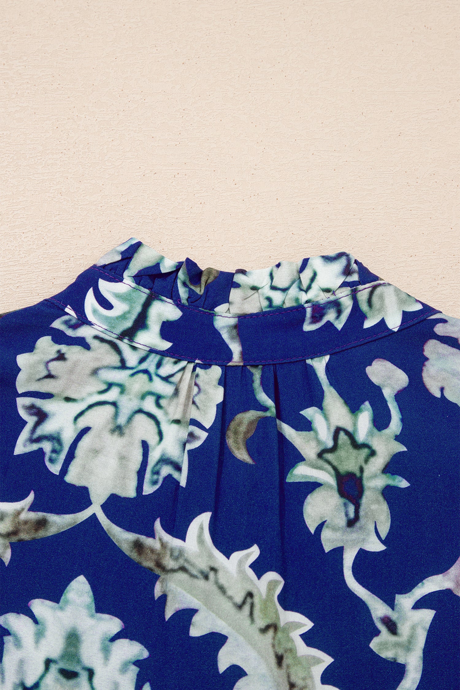 Women's Blue Wild Floral Print Frilled Collar Puff Sleeve Midi Dress at LivelyLooks