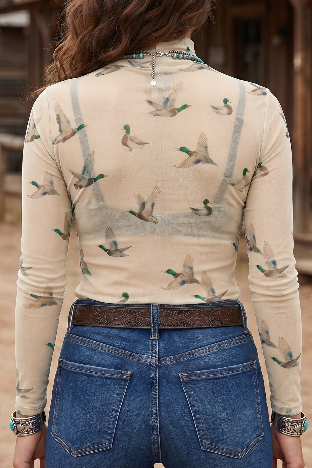 Beige Western Print Mesh Sheer High Neck Long Sleeve Top S-XL