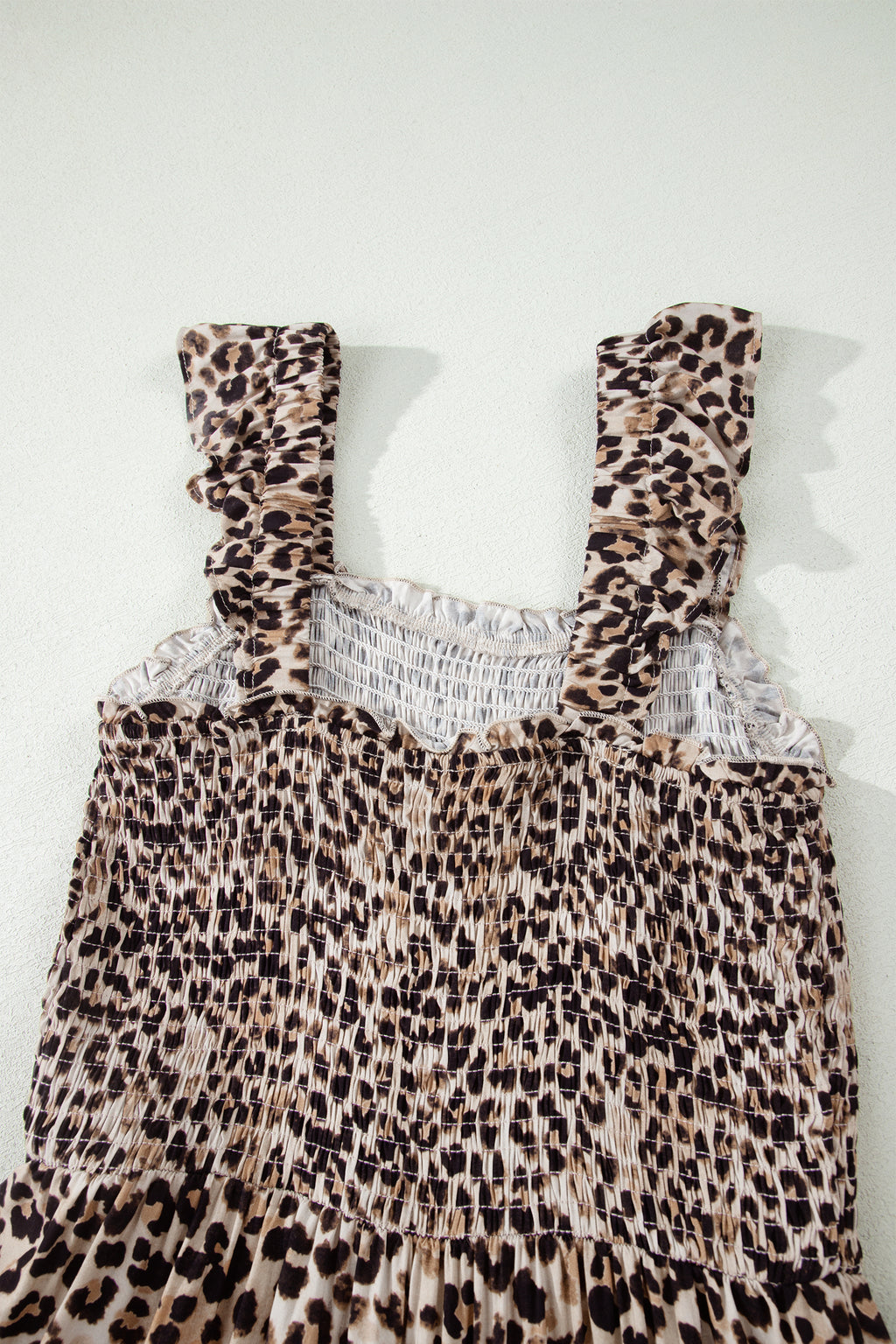 Brown Leopard Print Smocked Ruffled Strap Tiered Maxi Dress
